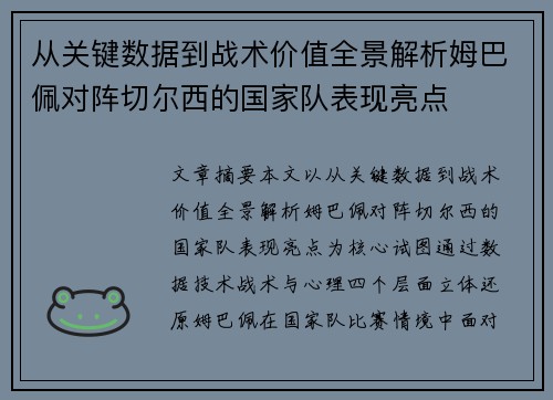 从关键数据到战术价值全景解析姆巴佩对阵切尔西的国家队表现亮点